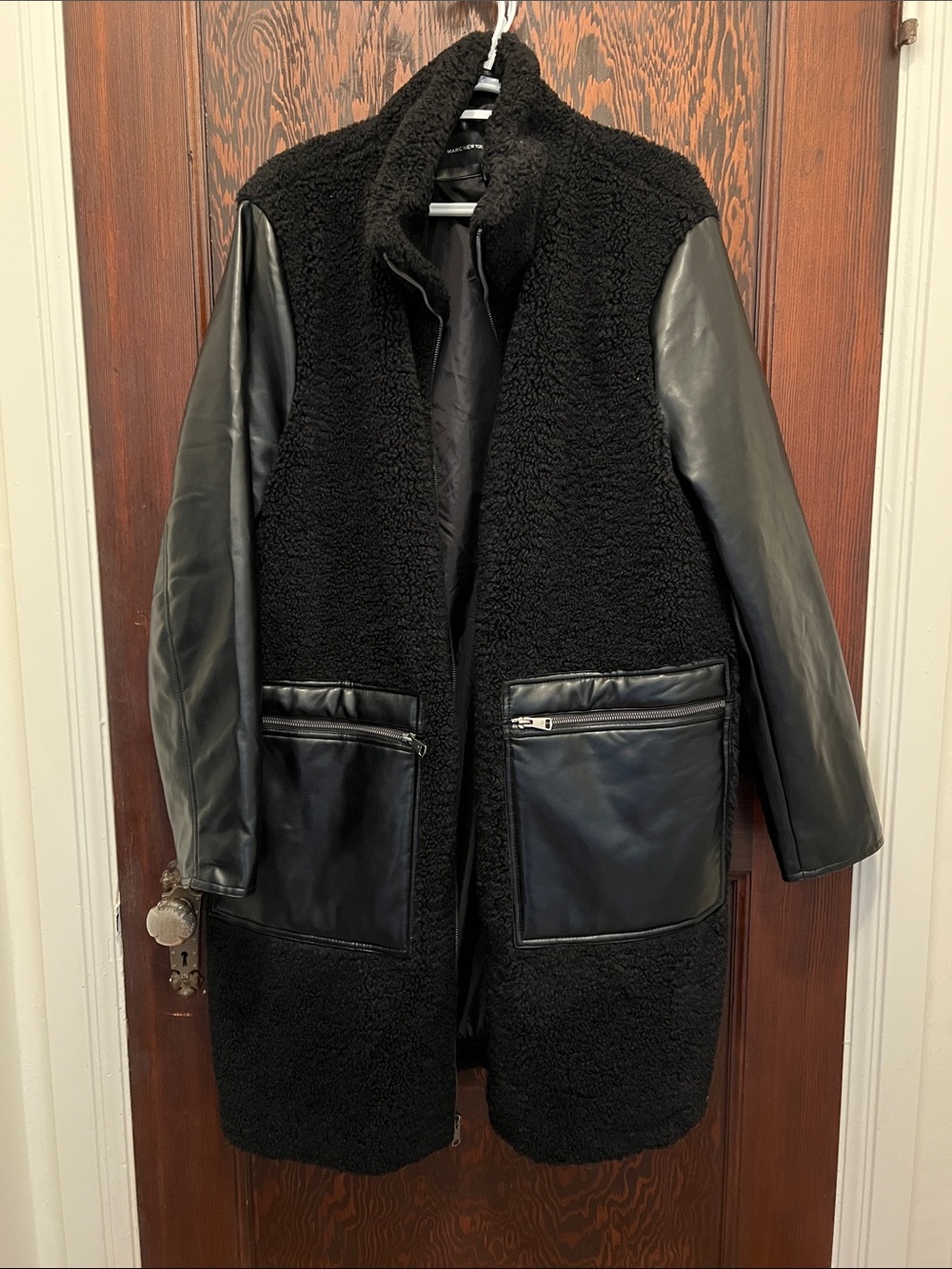Women's Black Teddy Coat with Faux-Leather Sleeves